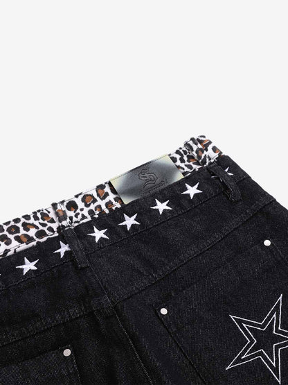 Side view of wide-leg jeans with leopard trim detail
