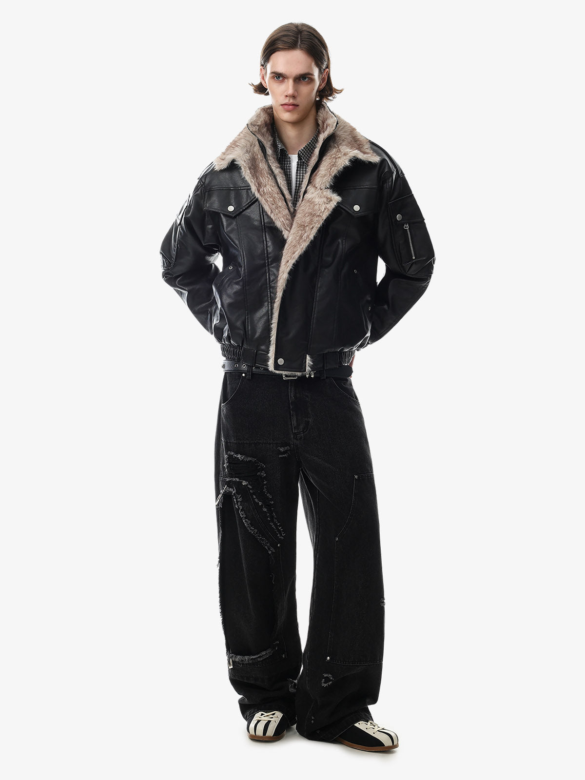 Side view of an oversized padded coat with a relaxed fit