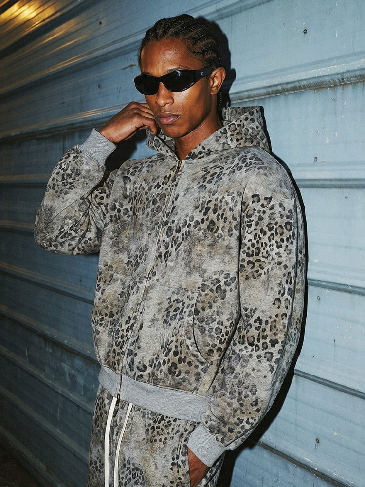 Revelse™ Leopard Print Vintage Washed Zip Hoodie Thick Cotton