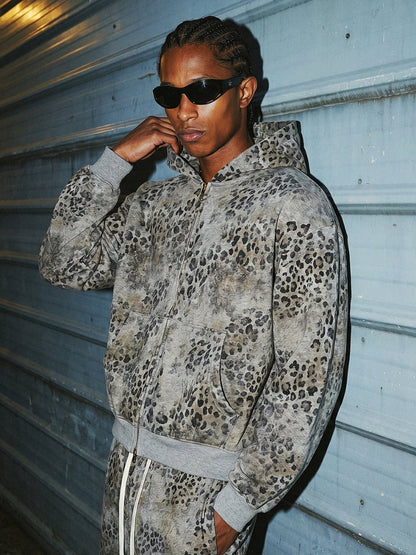 Revelse™ Leopard Print Vintage Washed Zip Hoodie Thick Cotton