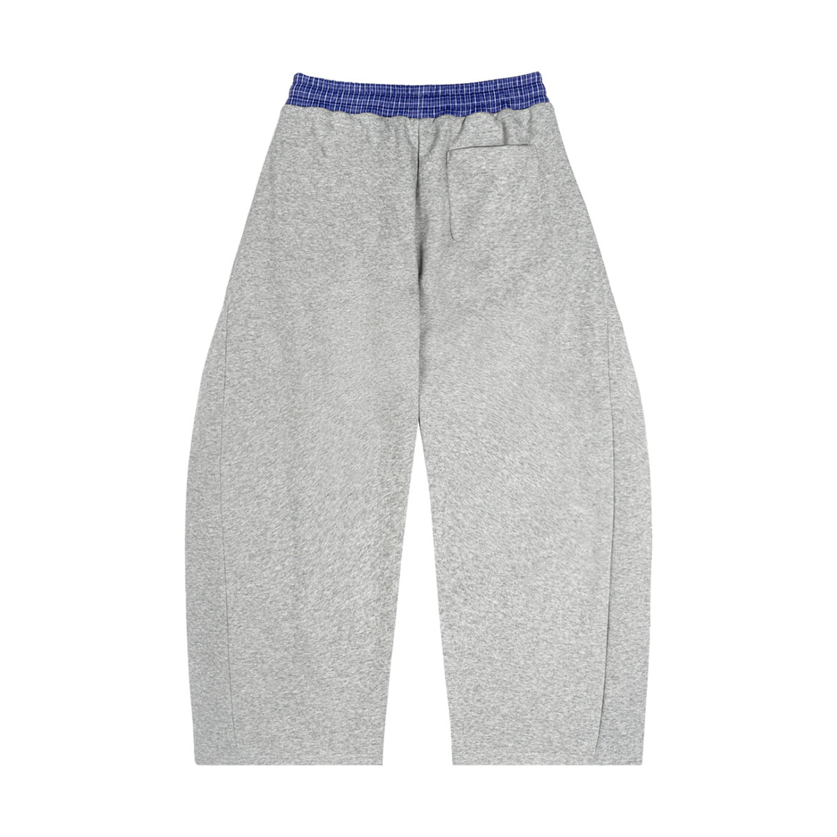 Close-up of the plaid waistband on barrel-leg sweatpants