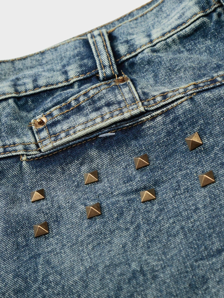Revelse™ Longline Baggy Studded Denim Shorts Gray Blue