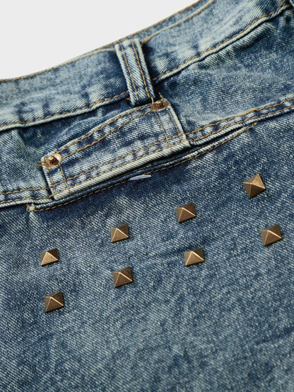 Revelse™ Longline Baggy Studded Denim Shorts Gray Blue
