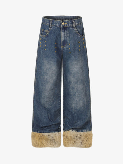 Studded wide-leg jeans with faux fur cuffs shown from the front