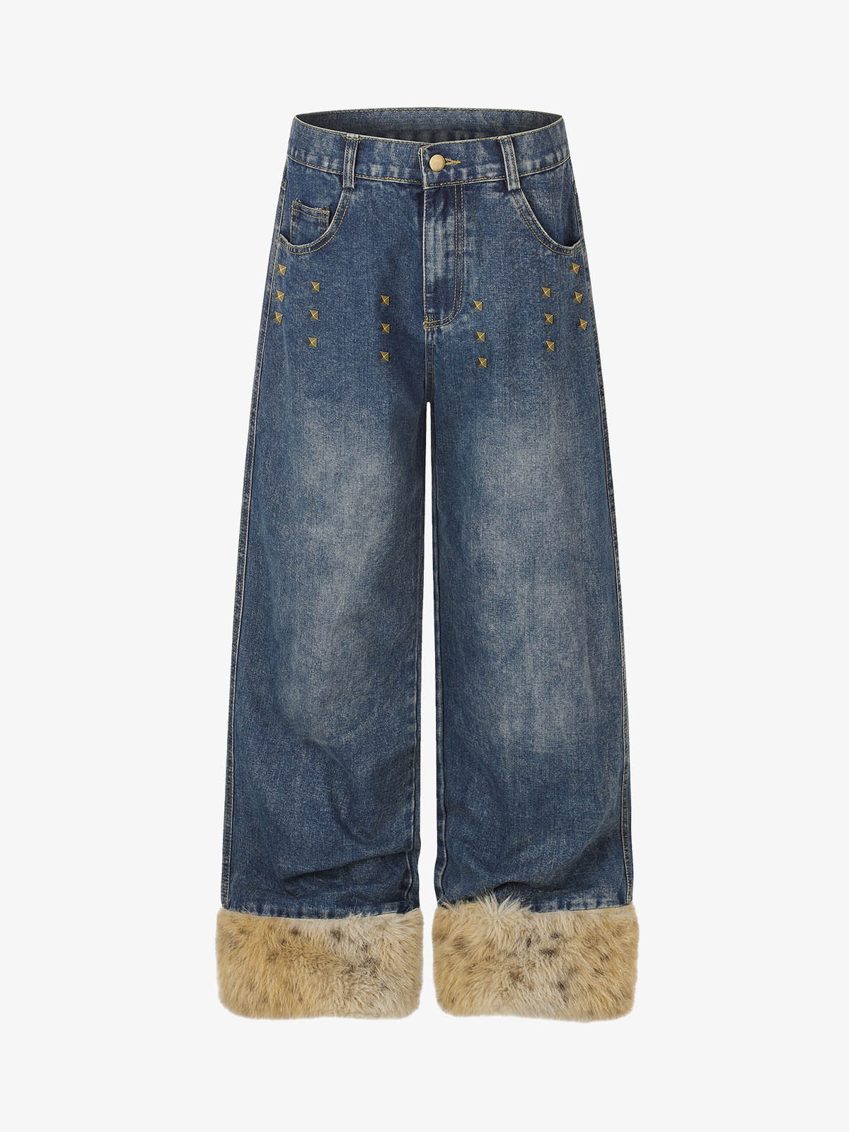 Studded Wide-Leg Jeans With Faux Fur Cuffs