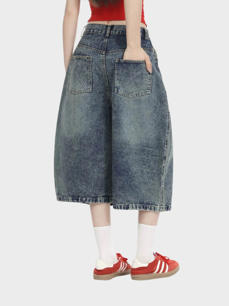 Revelse™ Longline Baggy Studded Denim Shorts Gray Blue
