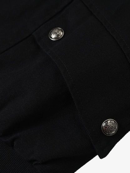 Side view of a cropped techwear work jacket with a stand collar