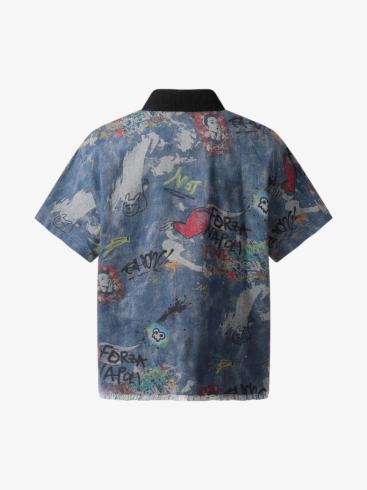 Revelse™ Tie-Dye Denim Polo T-Shirt with Graffiti Print