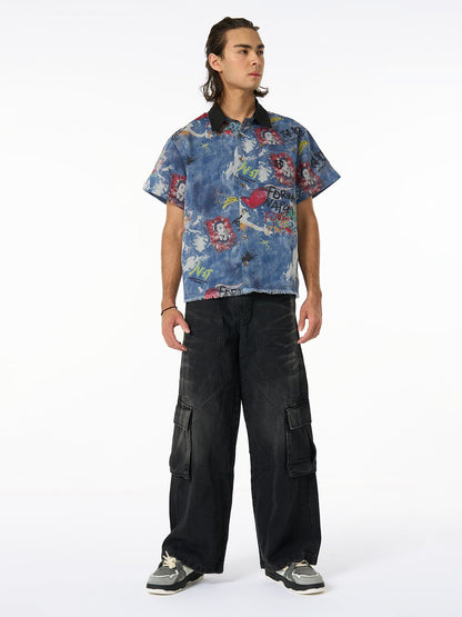 Revelse™ Tie-Dye Denim Polo T-Shirt with Graffiti Print