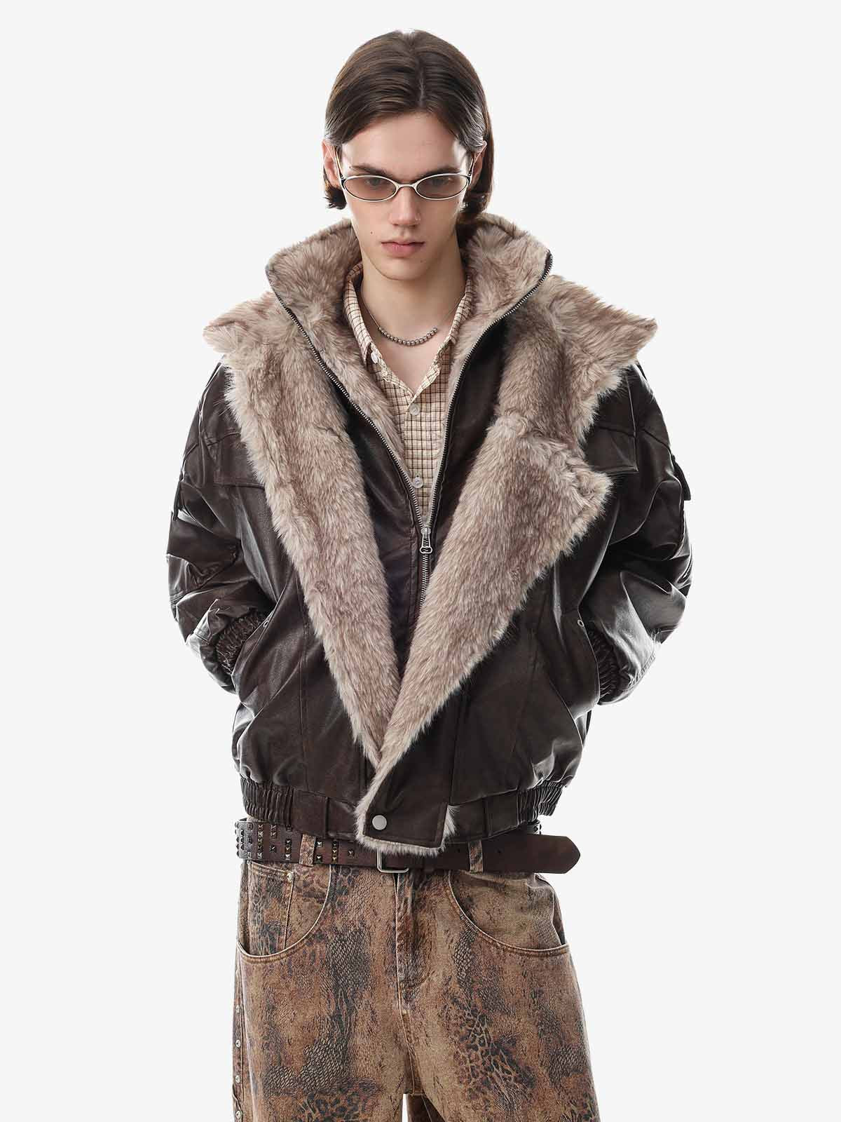 Oversized padded coat showing its faux-leather outer finish