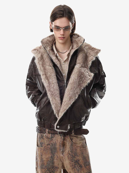 Oversized padded coat showing its faux-leather outer finish