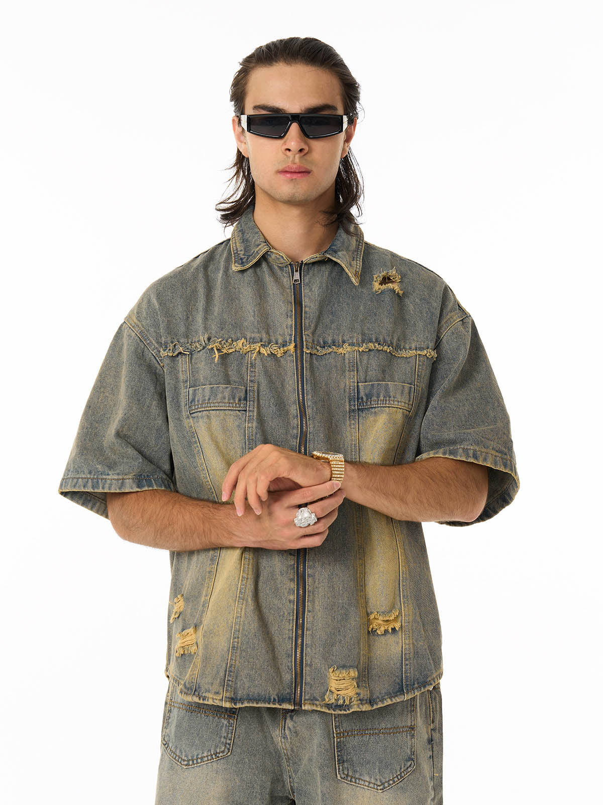 Revelse™ Men's Ripped Distressed Denim Jacket and Pants Set