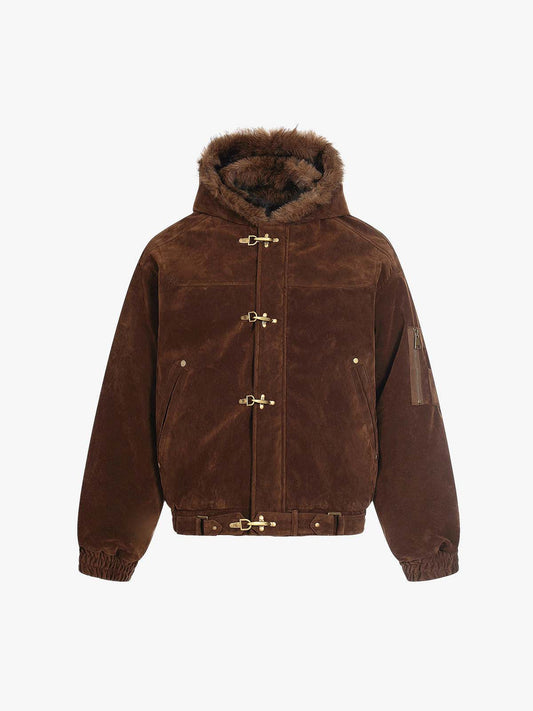 Revelse™ Faux Fur Hooded Suede Bomber Jacket with Metal Clip Streetwear