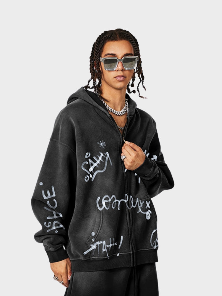 Revelse™ Unisex Graffiti Print Washed Zip-Up Hoodie
