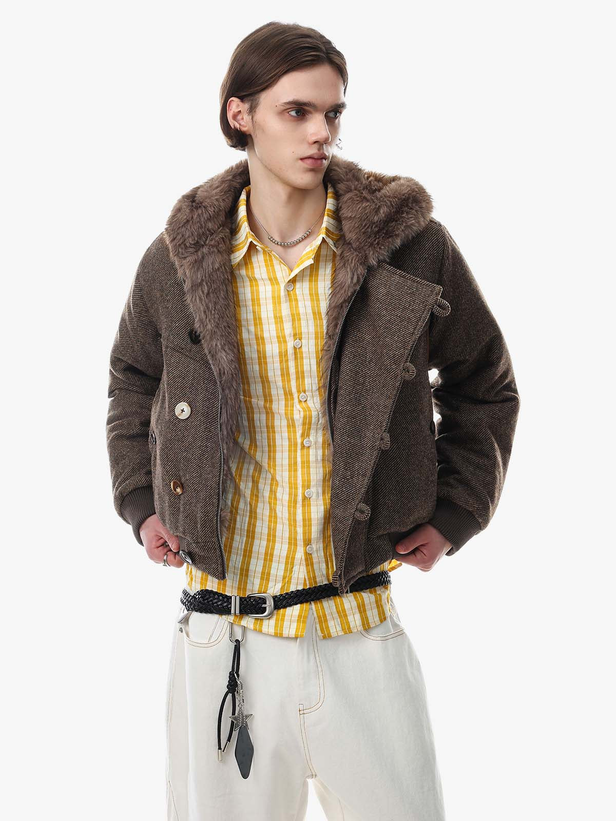 Side view showing the hood and relaxed coat silhouette