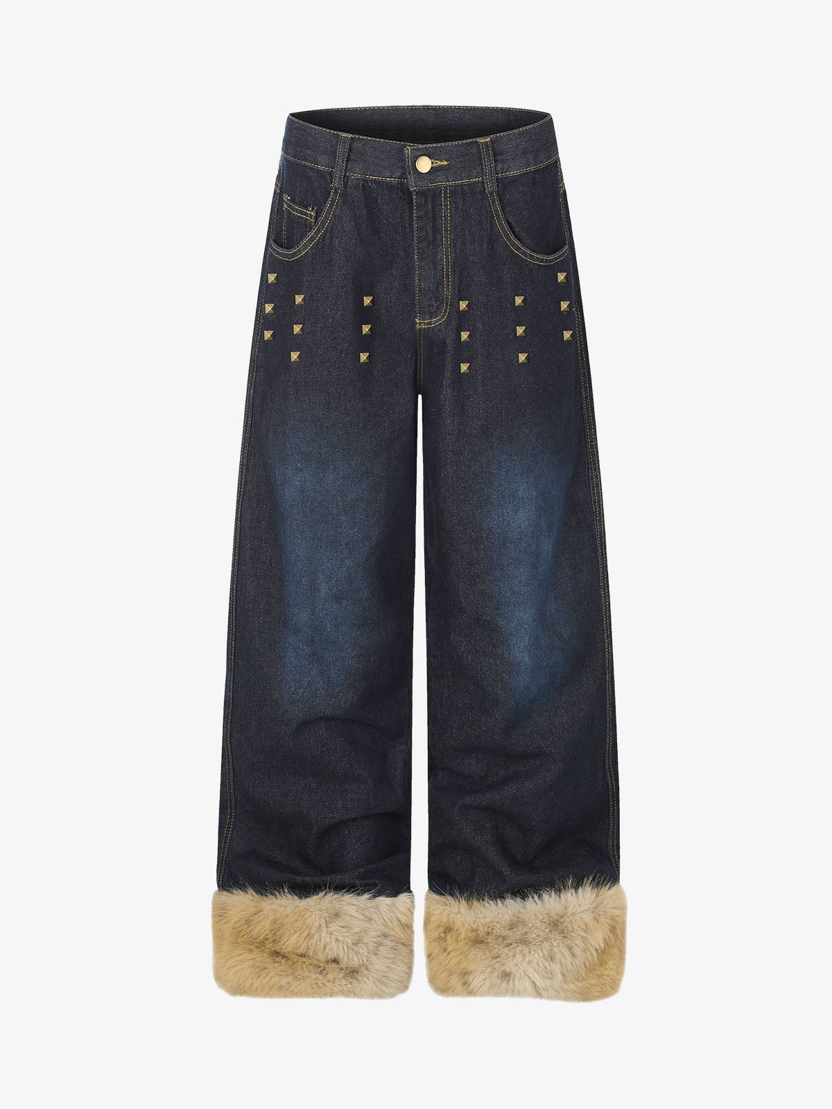Close-up of the studded detail on the wide-leg jeans