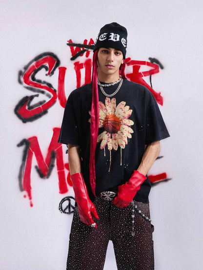 Revelse™ Floral Ink Splatter Graphic Basketball T-Shirt