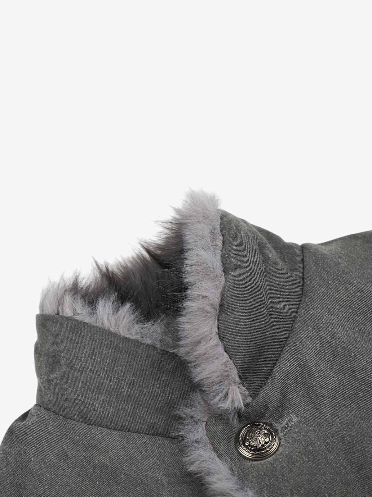 Back view of the faux-fur trim washed bomber coat