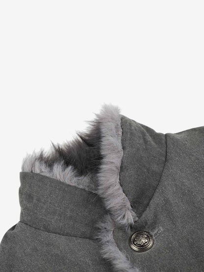 Back view of the faux-fur trim washed bomber coat