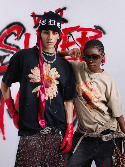 Revelse™ Floral Ink Splatter Graphic Basketball T-Shirt