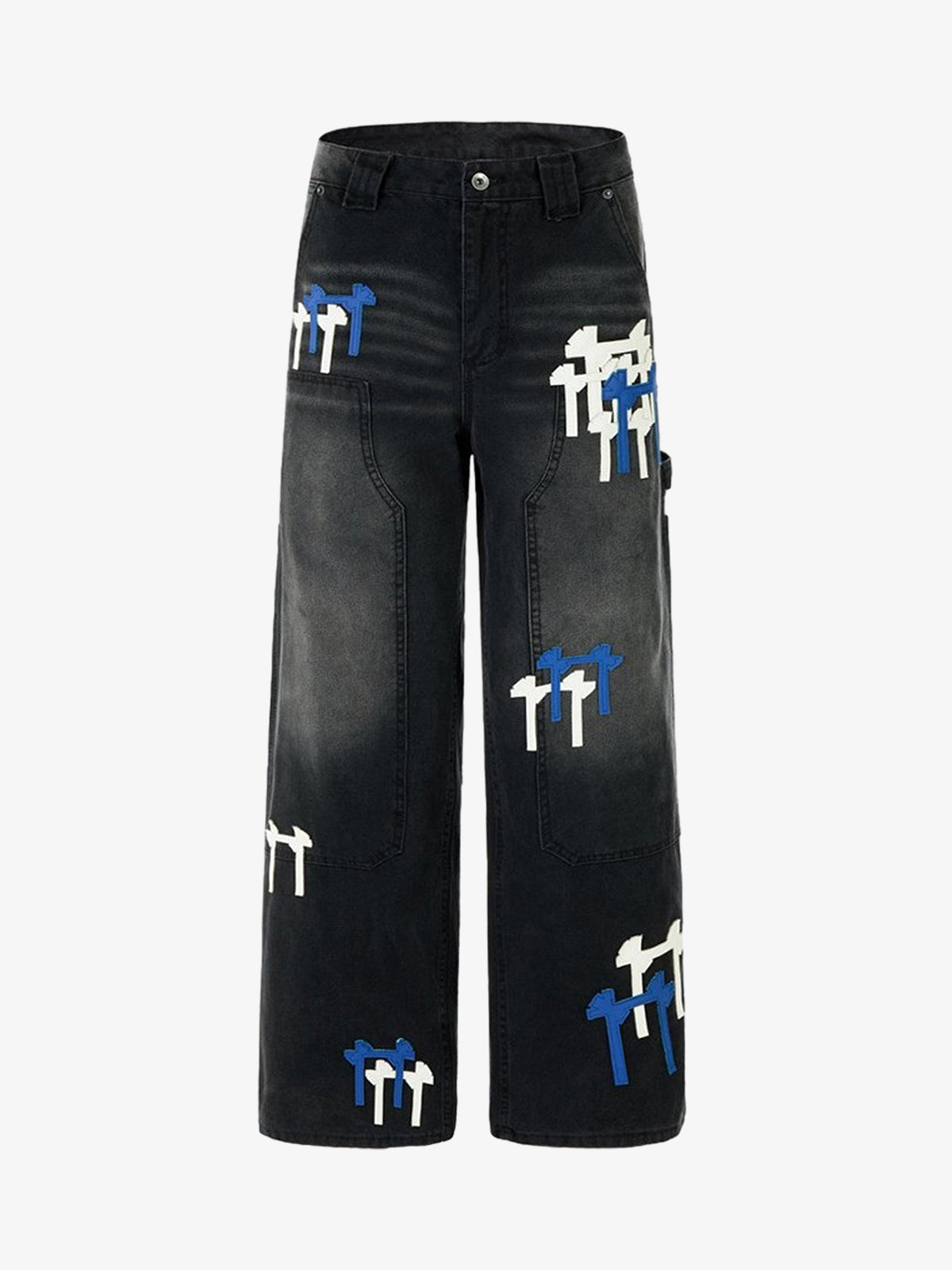 Front view of colour-block wide-leg denim jeans with patchwork details