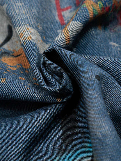 Revelse™ Tie-Dye Denim Polo T-Shirt with Graffiti Print