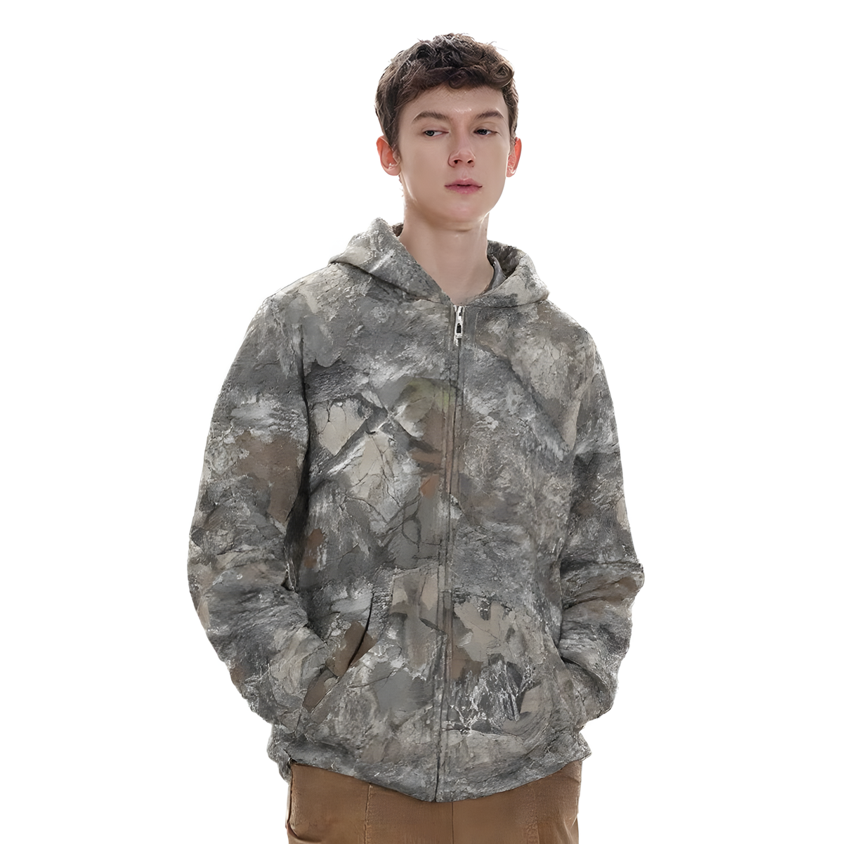 Revelse™ Camouflage Zip-Up Hoodie with Woodland Print