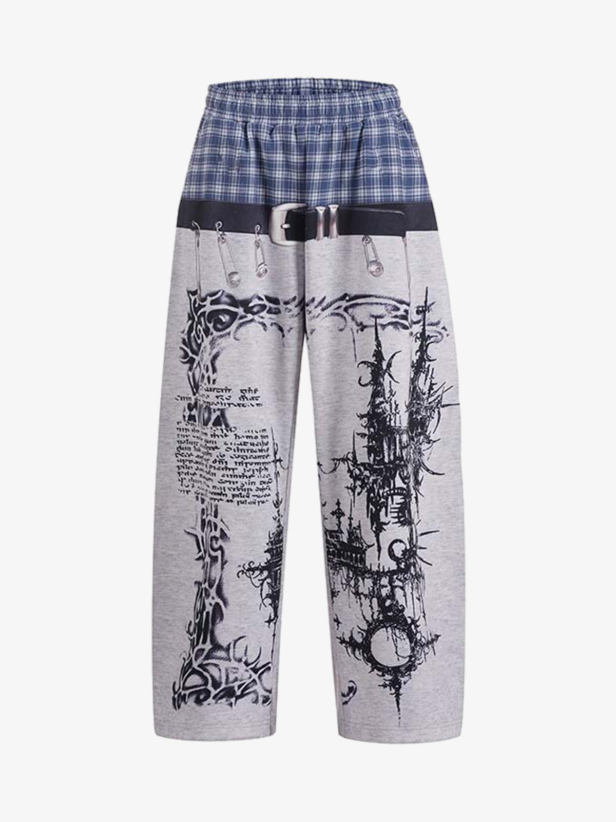 Wide-leg graphic sweatpants with a plaid waistband shown from the front
