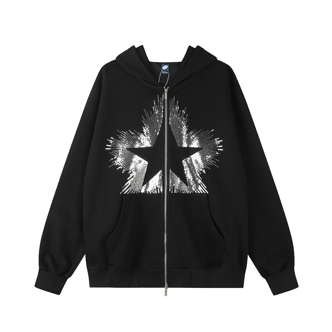 Front view of a hoodie with a sparkling sequin star design