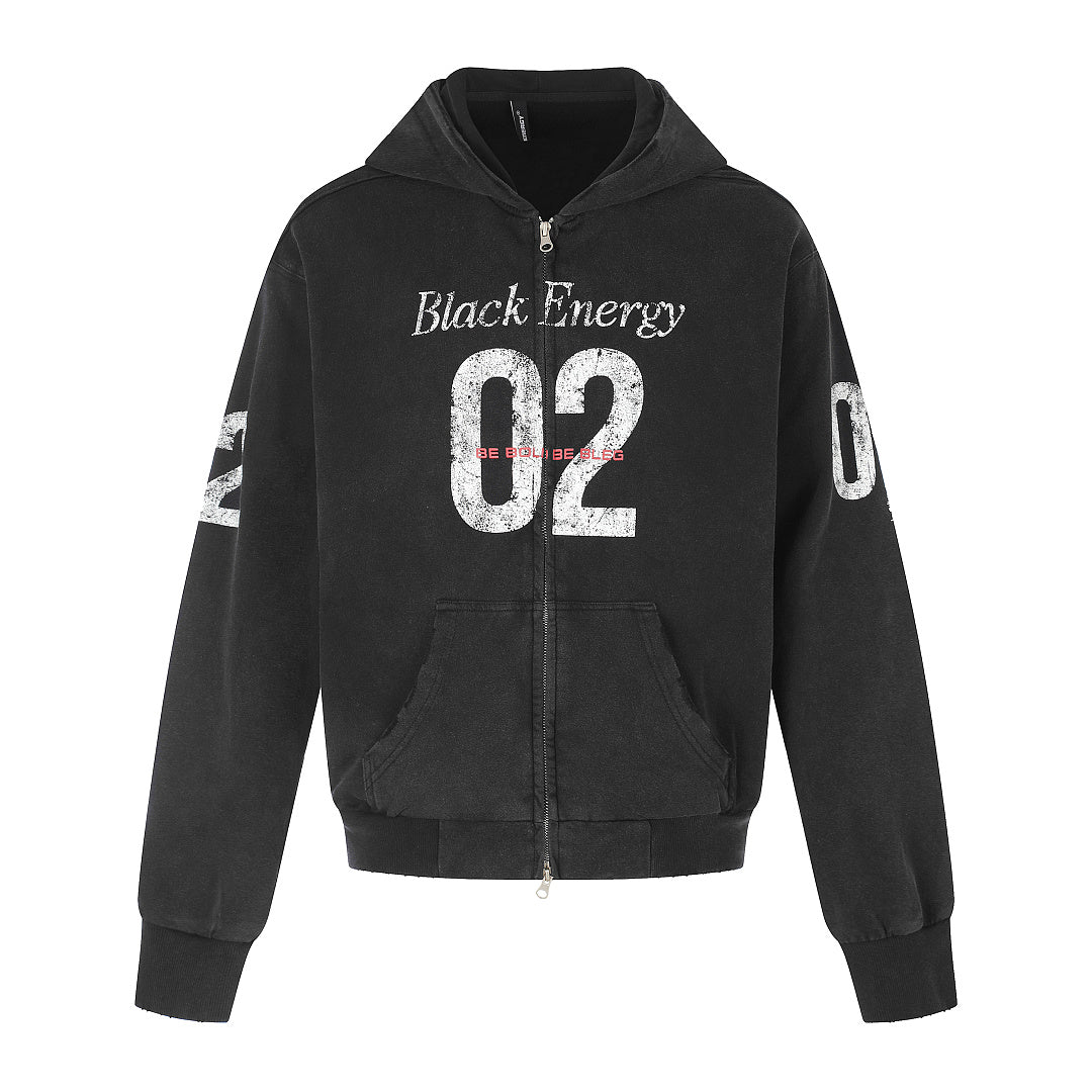 Graphic Boxy Zip-Up Hoodie With Distressed Number Print