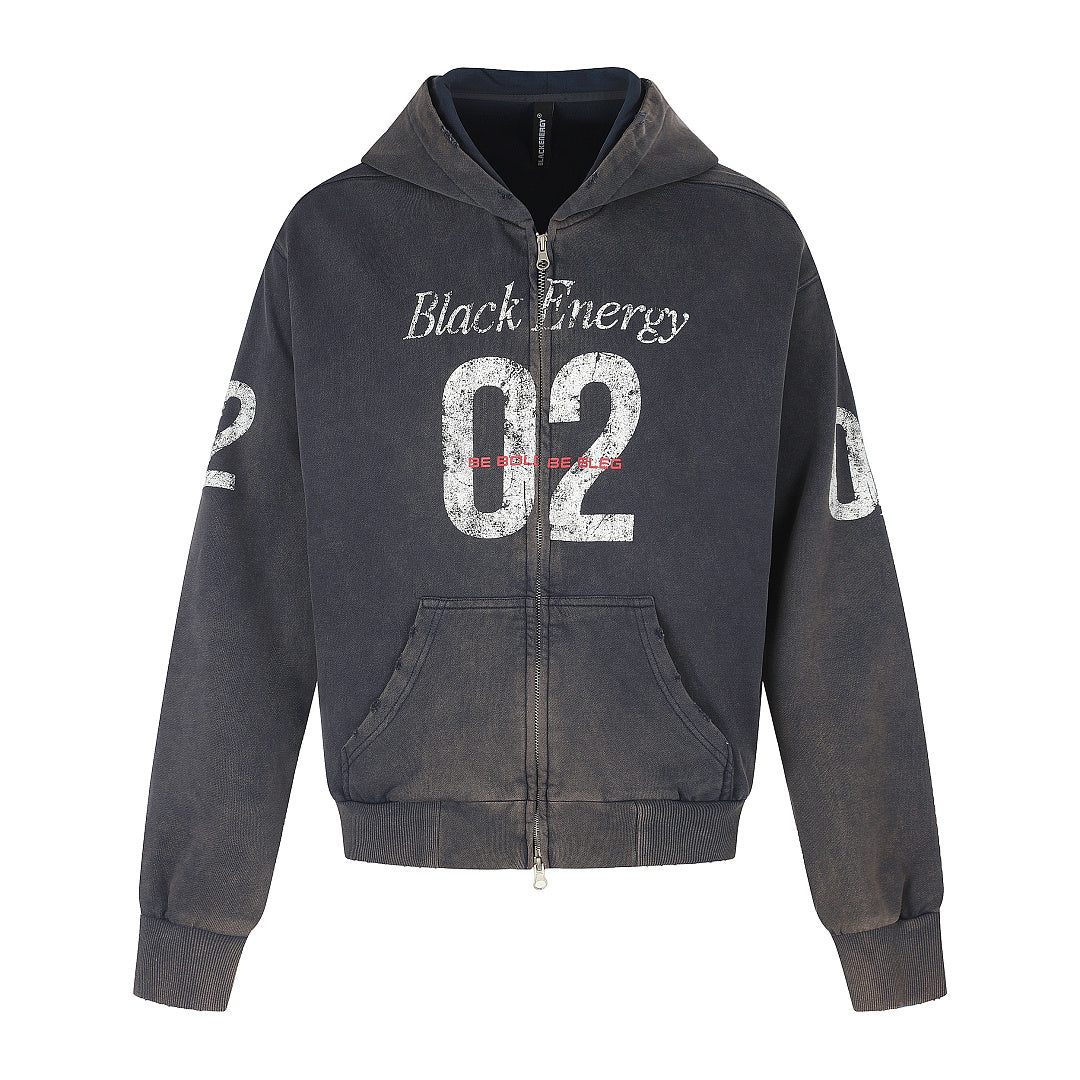 Boxy zip-up hoodie showing its hood, long sleeves and relaxed shape