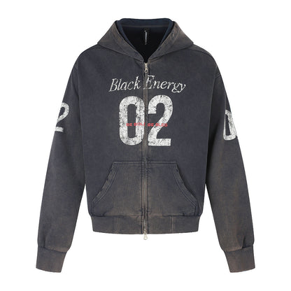 Boxy zip-up hoodie showing its hood, long sleeves and relaxed shape
