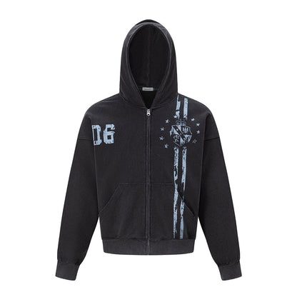 Distressed Graphic Zip-Up Hoodie