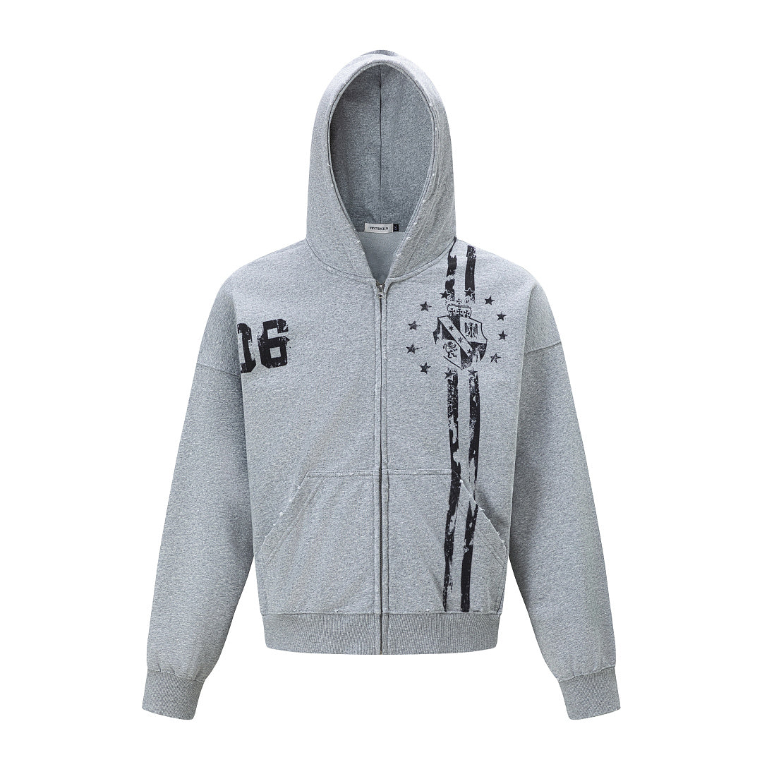 Distressed Graphic Zip-Up Hoodie