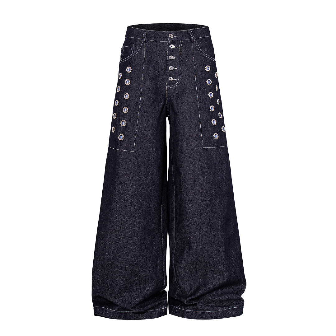 Grommet Baggy Jeans With Button Fly