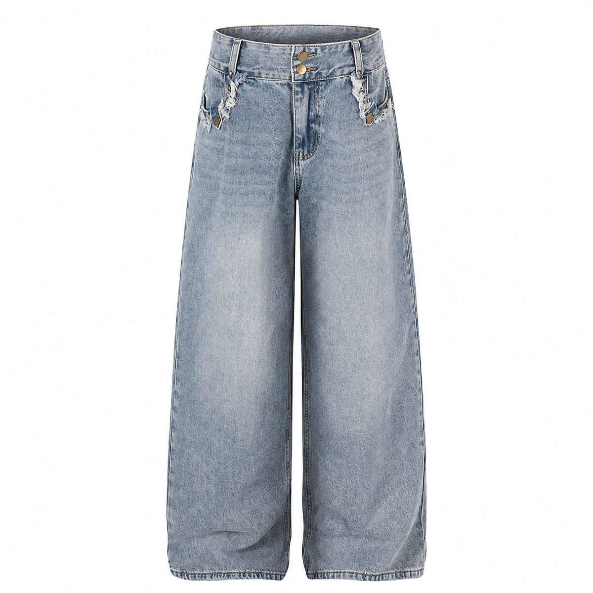 Close-up of the frayed hem on washed wide-leg jeans