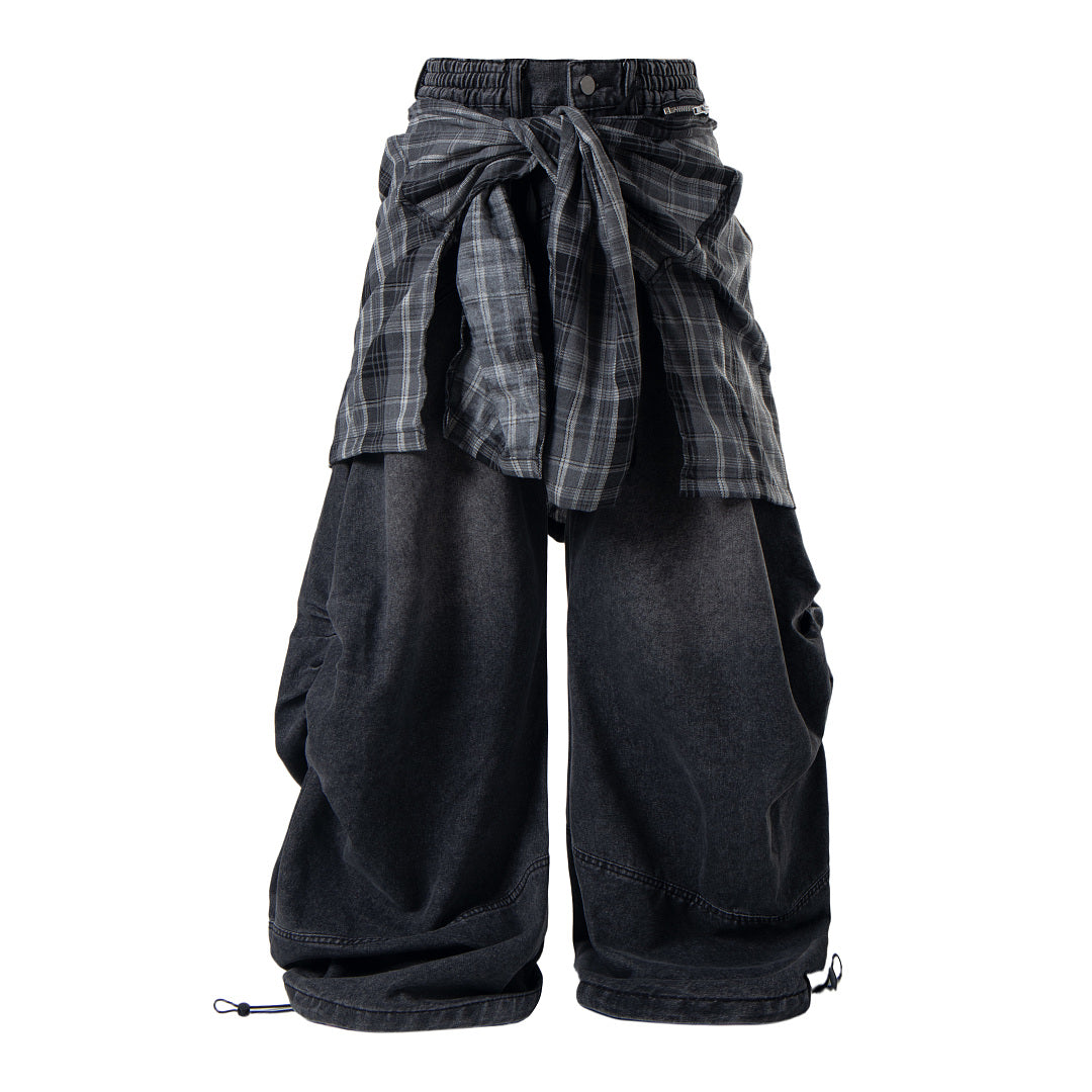Detachable Plaid Layer Baggy Jeans