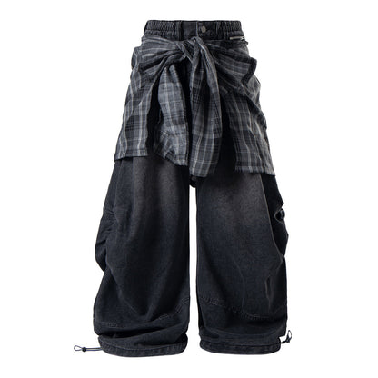 Detachable Plaid Layer Baggy Jeans