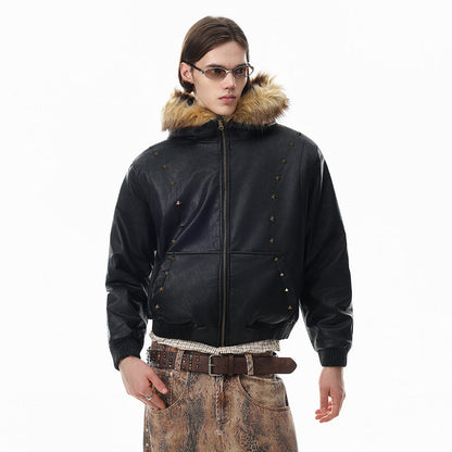 Studded PU leather hooded bomber jacket with a fur collar