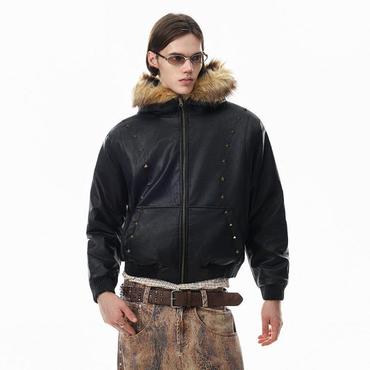 Studded PU leather hooded bomber jacket with a fur collar