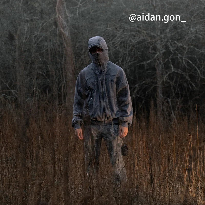 Close-up of the hood and zip fastening on an oversized hoodie