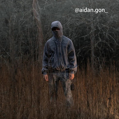 Close-up of the hood and zip fastening on an oversized hoodie