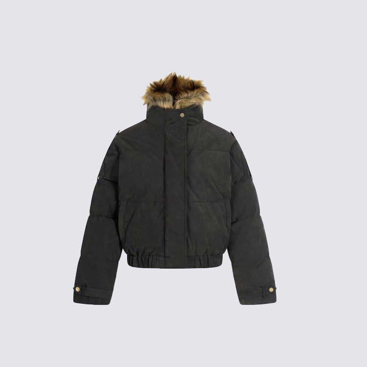 Full-length view of the oversized puffer jacket