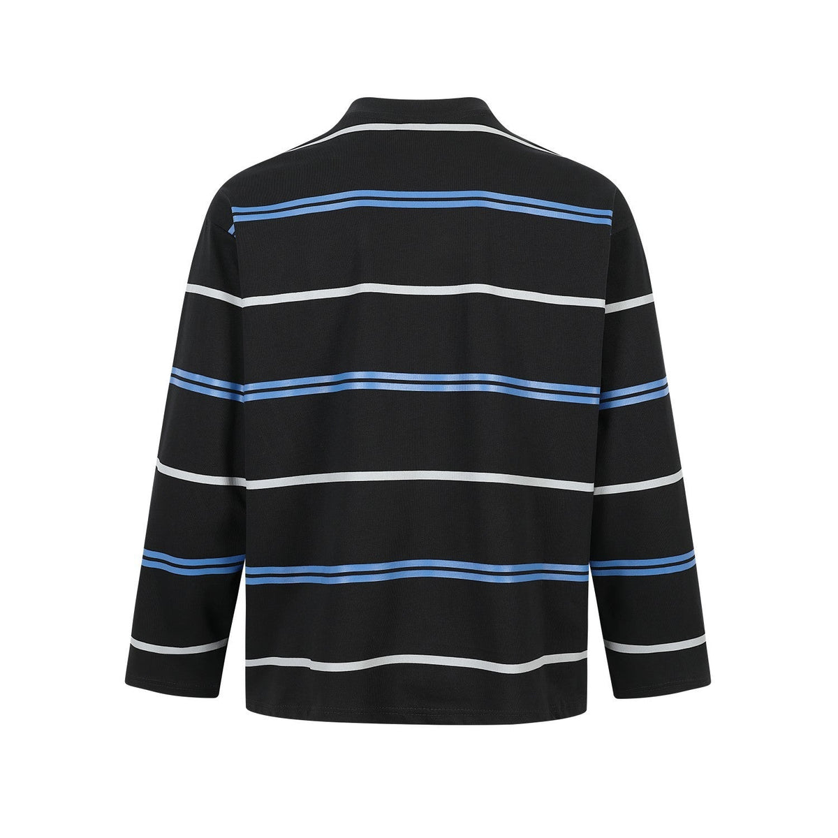 Close-up of the mock neck on a striped black and blue shirt