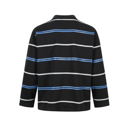 Close-up of the mock neck on a striped black and blue shirt