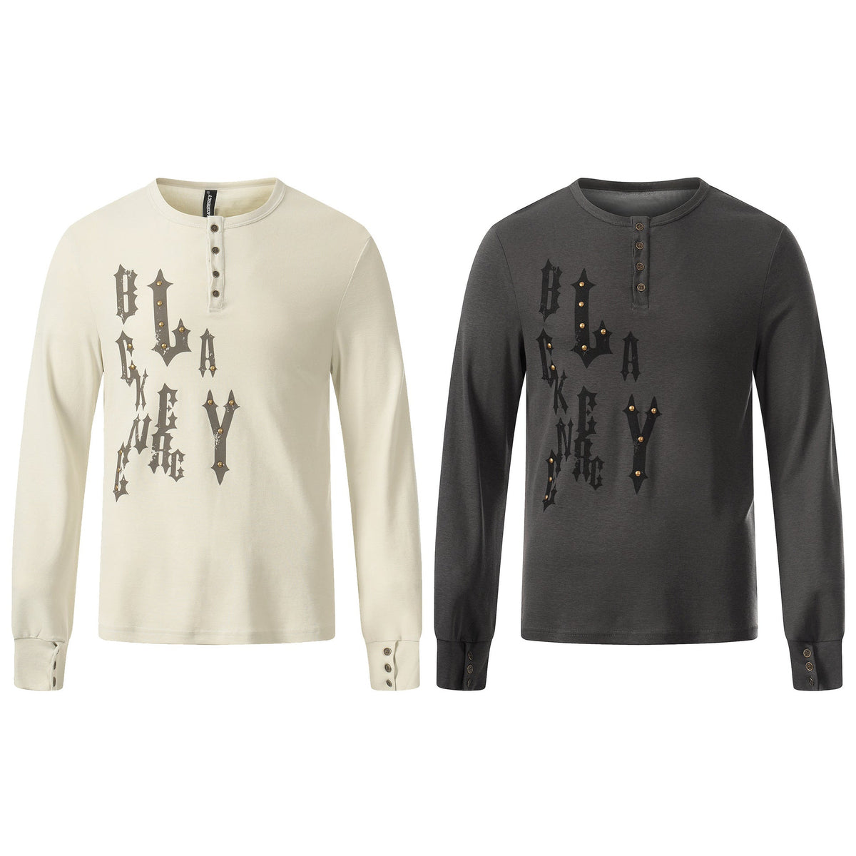 Front view of a long-sleeve gothic Henley shirt with stud detailing