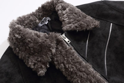 Full view of the faux fur trimmed suede quilted jacket