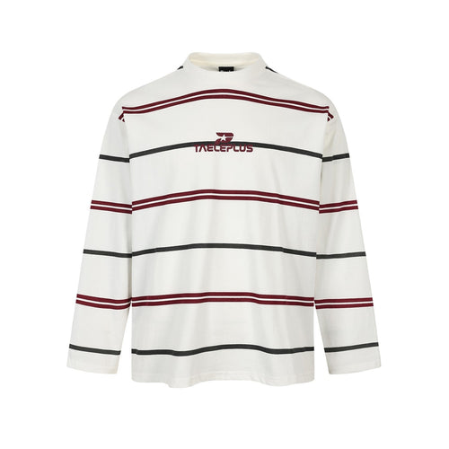 Long-sleeve oversized shirt with a red and white stripe pattern