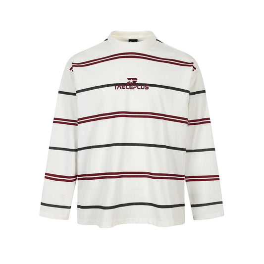 Long-sleeve oversized shirt with a red and white stripe pattern