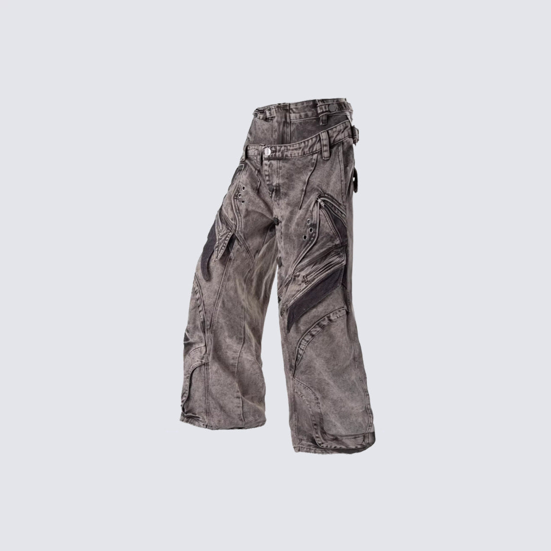 Side view highlighting the wide leg cut and panel detail
